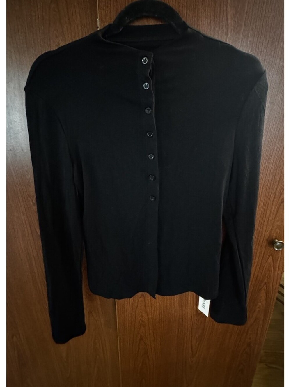 NWT COMMENSE Womens M Black Button Front Top Long Sleeve Stretch Rayon